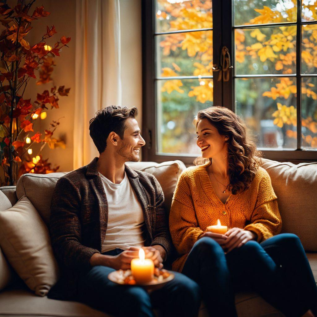A warm, inviting scene of a couple sitting close together on a cozy sofa, surrounded by soft candlelight and gentle ambient lighting, sharing laughter and deep conversation. Their expressions reflect a journey from light flirtation to deep intimacy, symbolizing connection and passion. Include vibrant autumn leaves visible through a window, hinting at the season of change. romantic style. soft focus. warm tones.