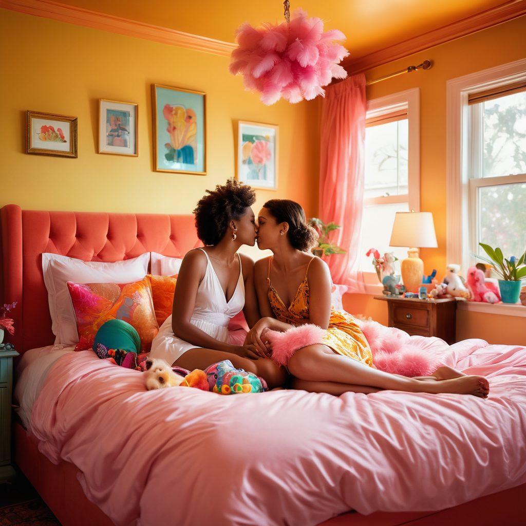 A whimsical and playful illustration of two adults engaging in a light-hearted and intimate moment in a colorful bedroom, filled with playful toys and soft lighting. Emphasize a sense of joy and exploration, highlighting elements like silk sheets, a feather boa, and vibrant decorations. Capture the essence of connection and adventure while maintaining a tasteful charm. whimsical art style. vibrant colors. soft focus.