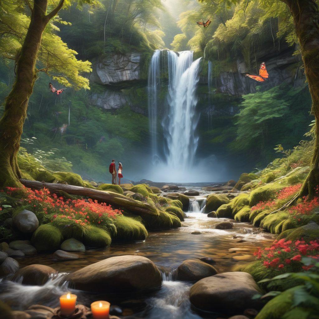 A whimsical scene of a couple exploring a sunlit forest, hand-in-hand, with heart-shaped leaves swirling around them. In the background, a serene waterfall cascades over mossy rocks, while butterflies dance above a vibrant picnic setup adorned with flowers and candles. The atmosphere is imbued with warmth and intimacy, capturing the essence of romantic adventures. super-realistic. vibrant colors. enchanting nature.